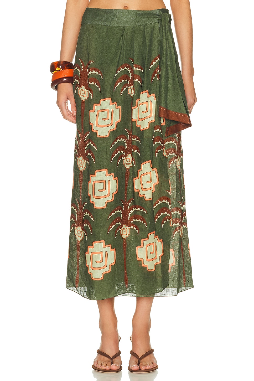 Johanna Ortiz Amazon Echoes Wrap Skirt in Green  Chocolate  & Pink - Dark Green.  4 also in