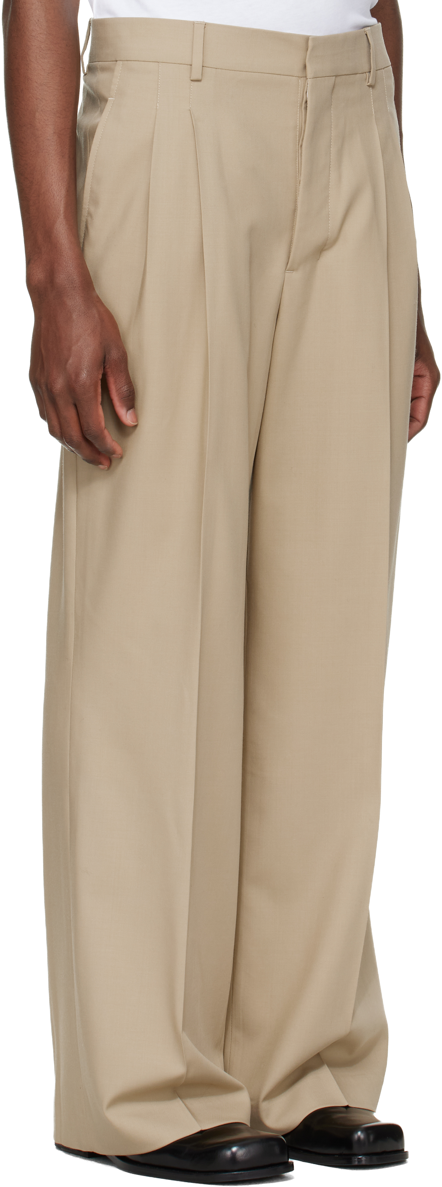 Beige New Wool Low Waist Wide Trousers