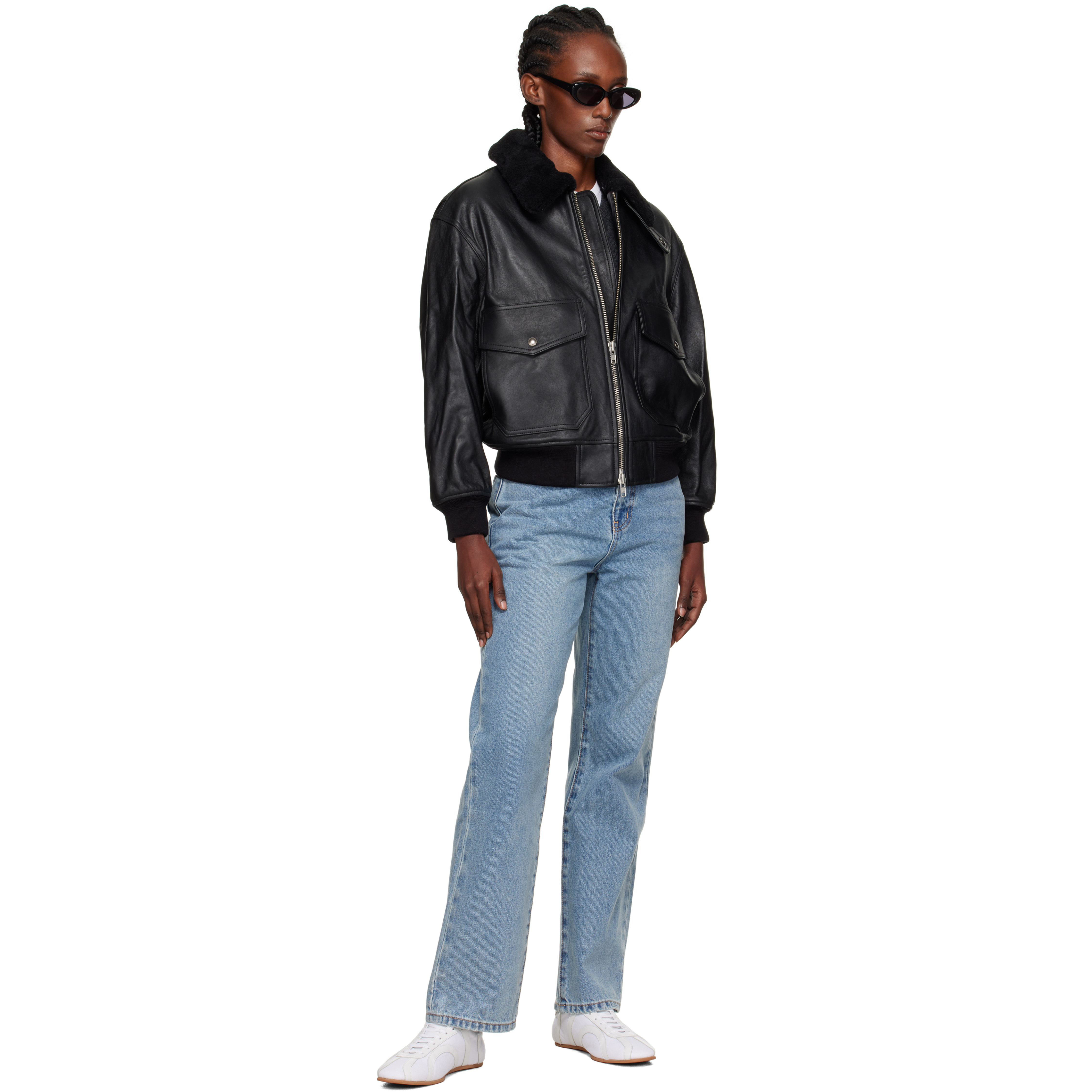 Black A-2 Shearling Collared Leather Jacket