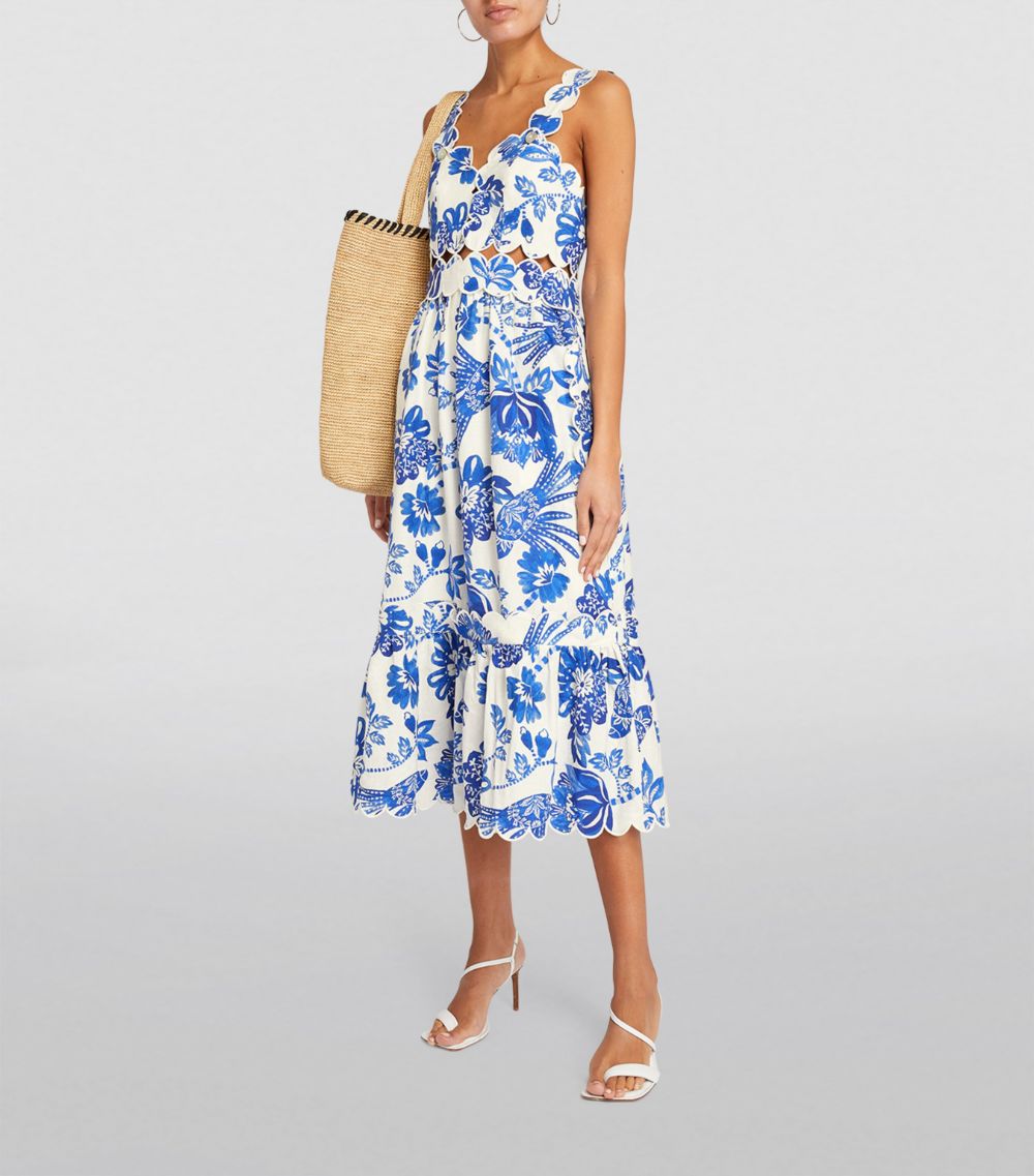 Scallop-Trim Printed Midi Dress