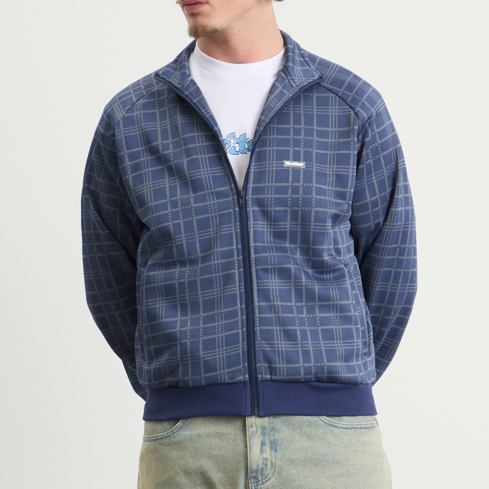 Men's Tricot Track Jacket in Navy Plaid