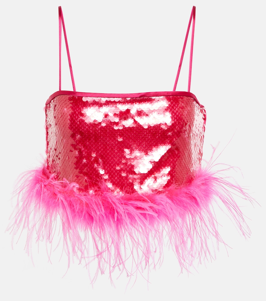 Sequined feather-trimmed crop top