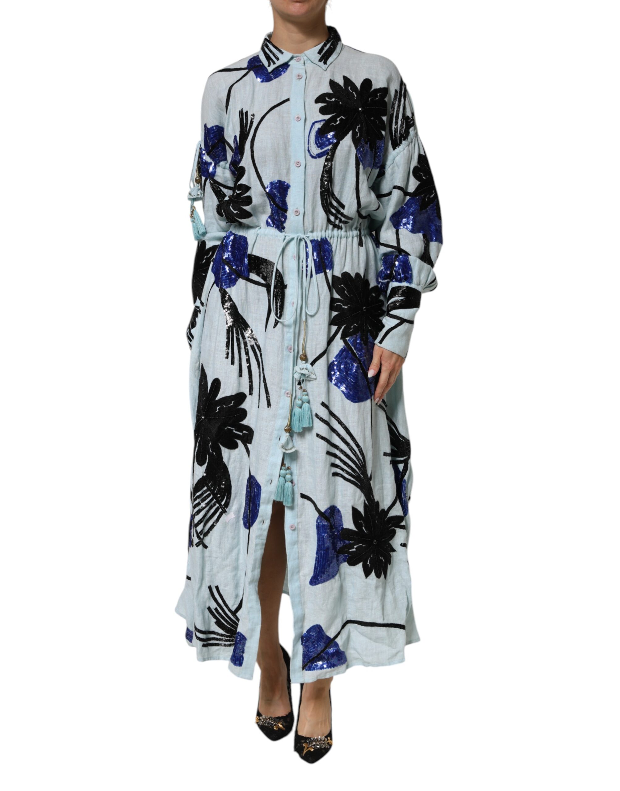 Christian Pellizzari Blue Sequin Embellished Shirt Maxi Women's Dress Pre-Owned
