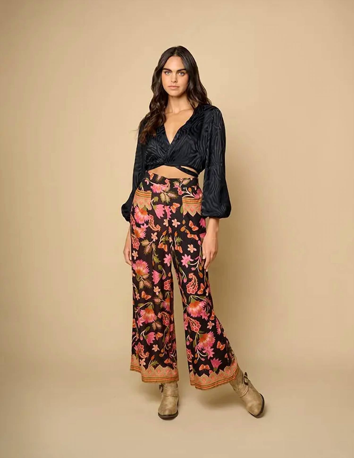 Raya Floral Wide Leg Pants In Black Multi