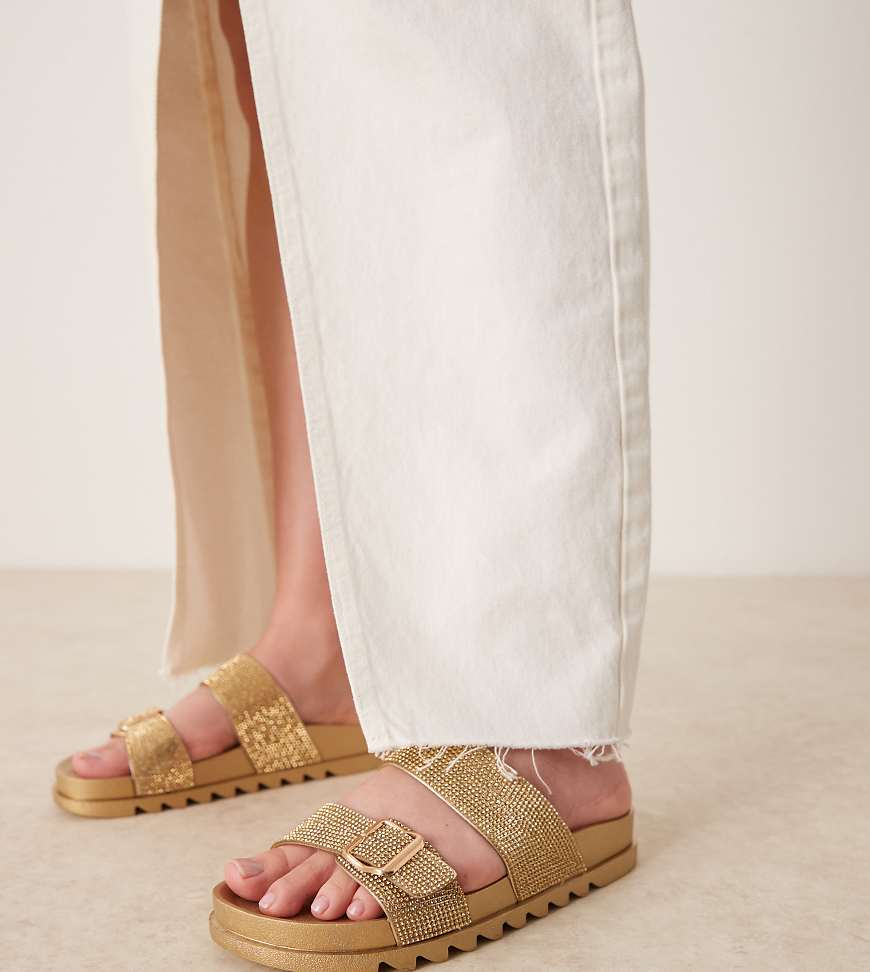 Glamorous Wide Fit rhinestone strap slides in gold