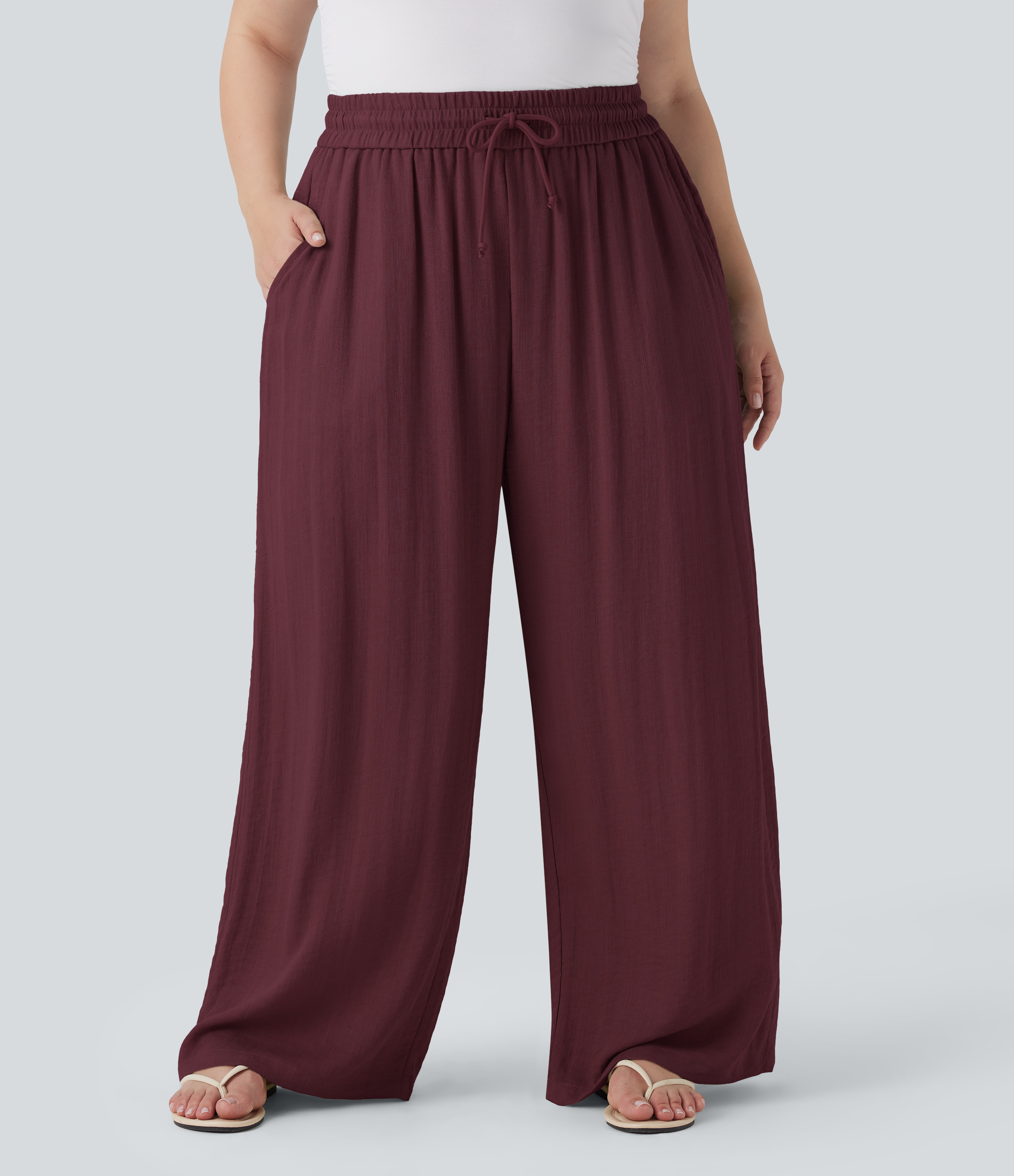 High Waisted Drawstring Linen-Feel Wide Leg Casual Plus Size Pants with Pockets  - Zinfandel