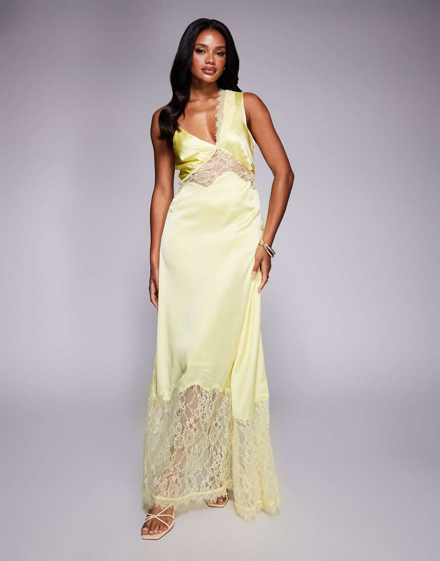One shoulder satin midi dress in yellow