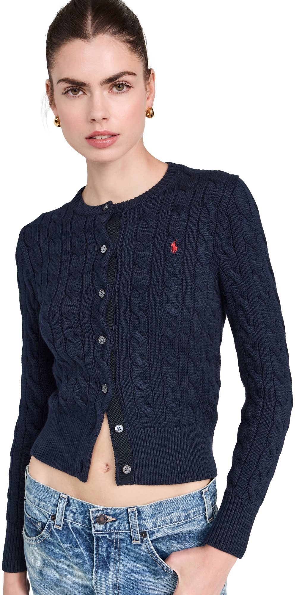Cotton Cable Long Sleeve Cardigan Blue