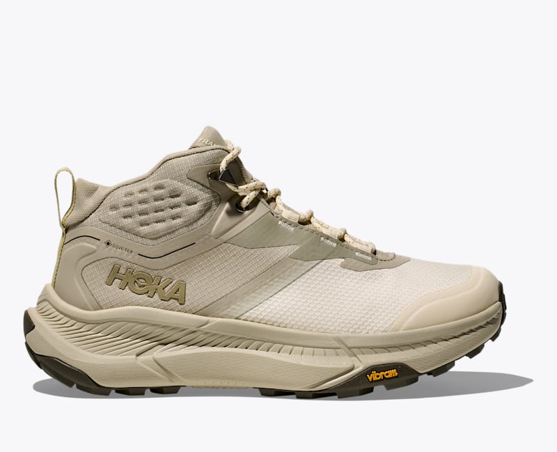 HOKA Women's Transport Hike GTX Shoes in Oyster Mushroom/Vintage Yellow
