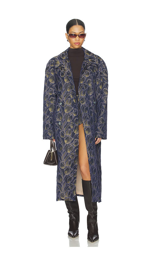 Milkwhite Long Printed Coat in Navy. L. Also in M