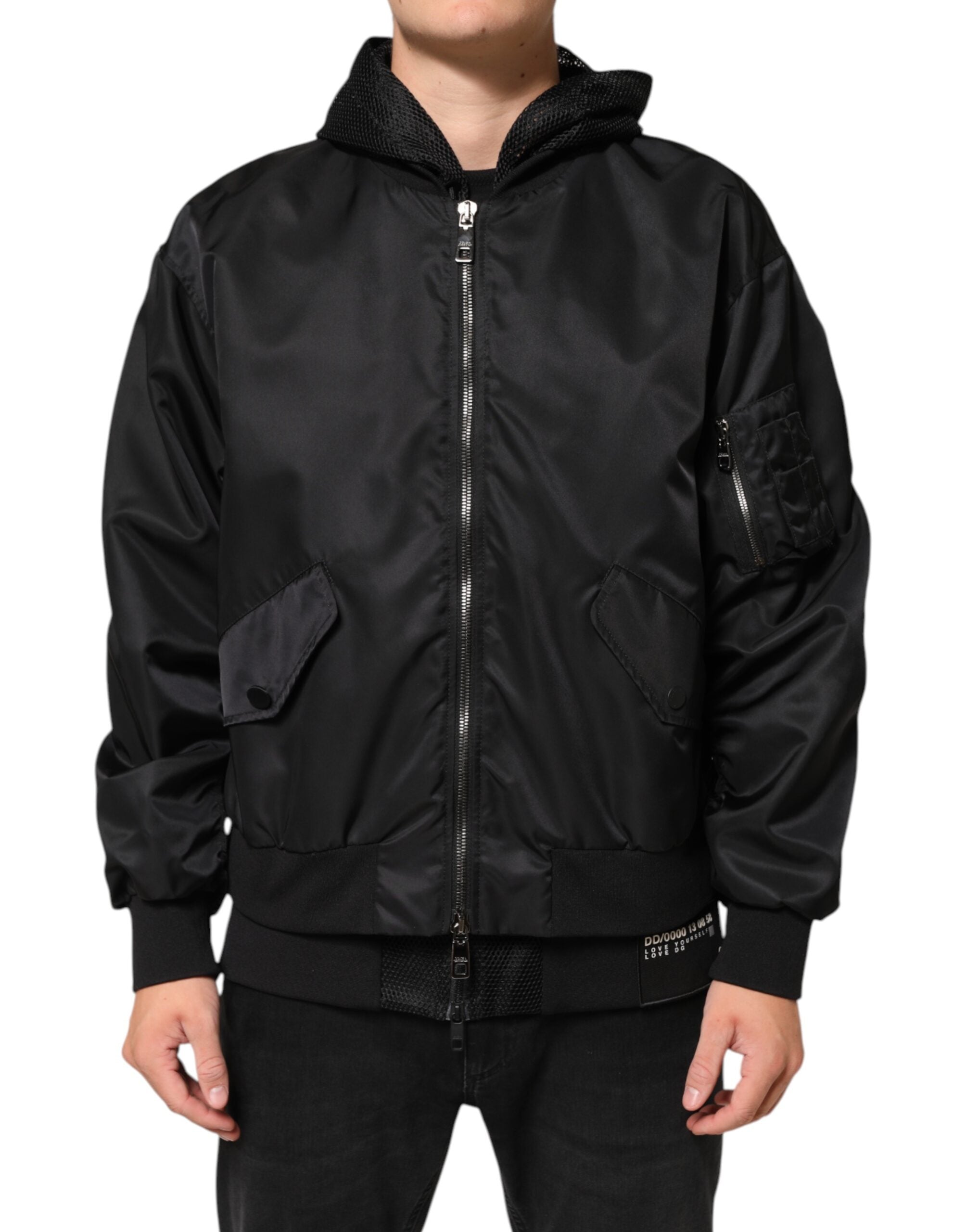 Nylon Hooded Bomber Jacket — Black