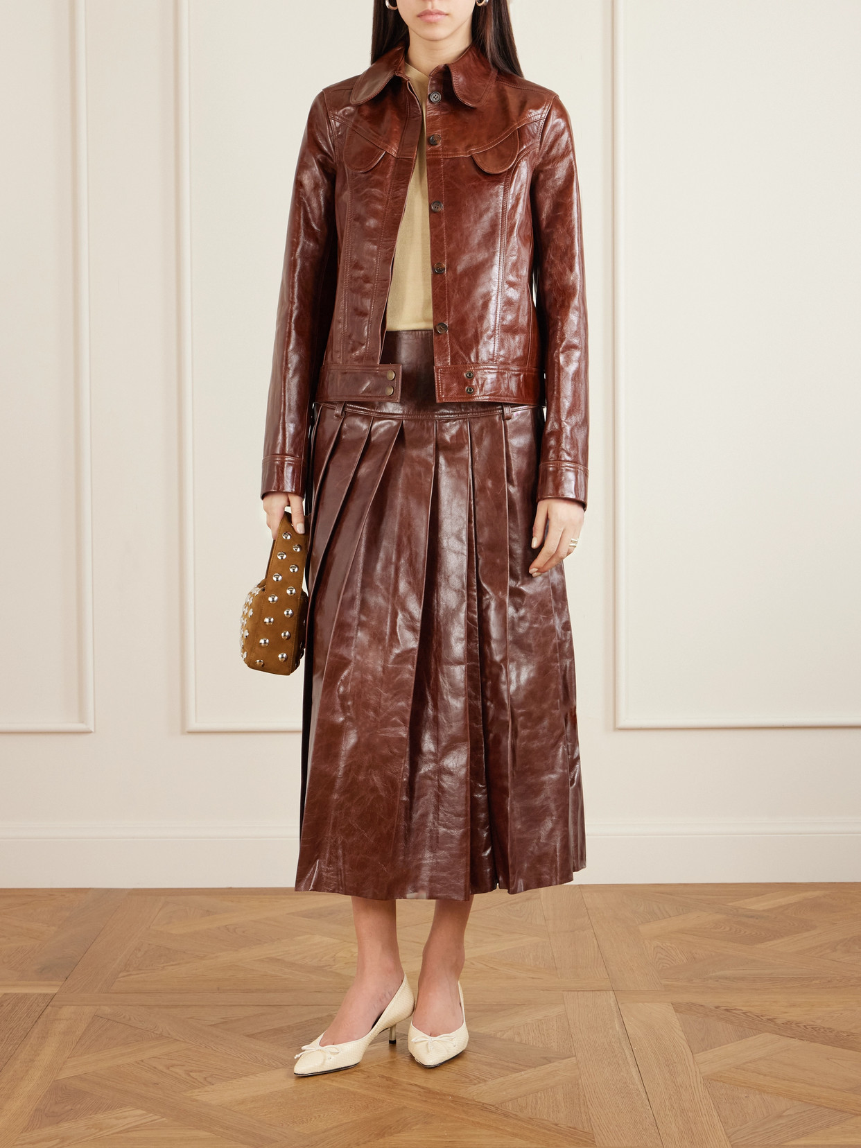 Pleated Glossed-leather Midi Skirt - Brown