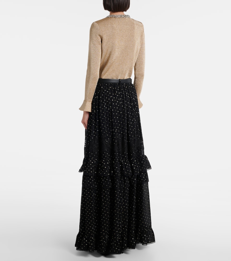 Lace-trimmed polka-dot chiffon maxi skirt