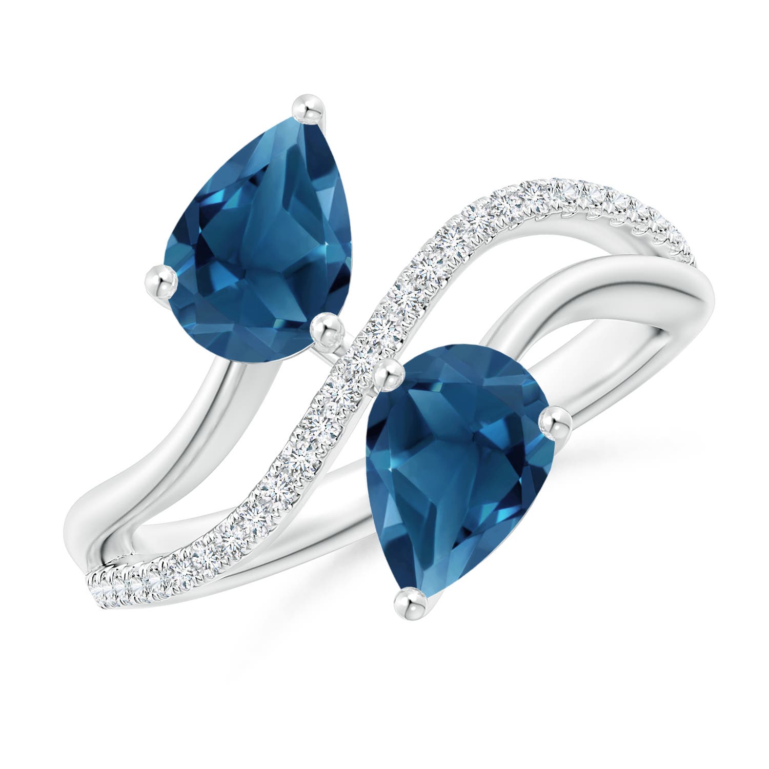 Angara 3.1 Carats Pear-Shaped London Blue Topaz Two-Stone Bypass Ring in Platinum