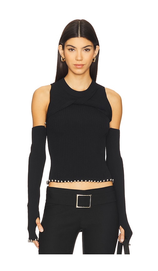 PRIVATE POLICY Twist Front Knit Top in Black. Größe XS. Also in L