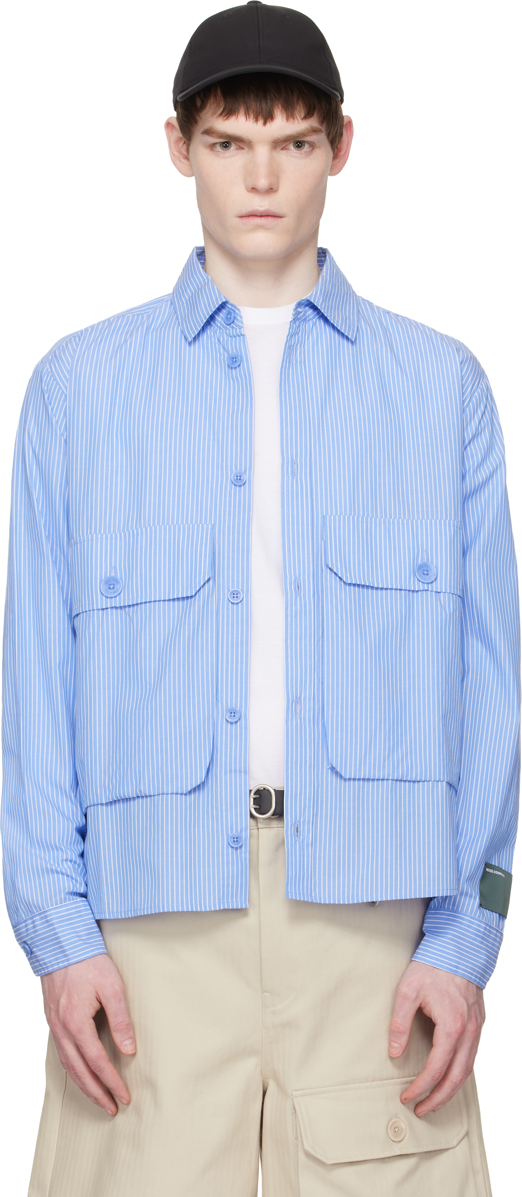 Blue Cotton Chambray Cargo Button Down Shirt