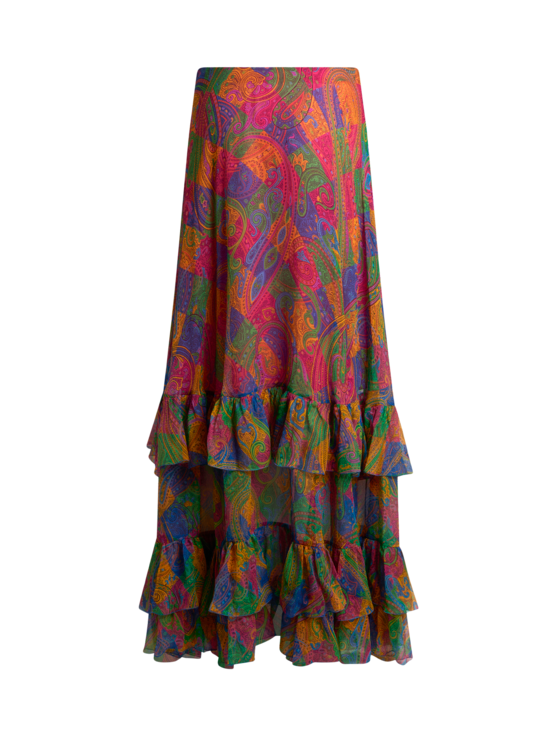 Silk Crepon Maxi Skirt With Ruffles And Geometric Paisley Motif