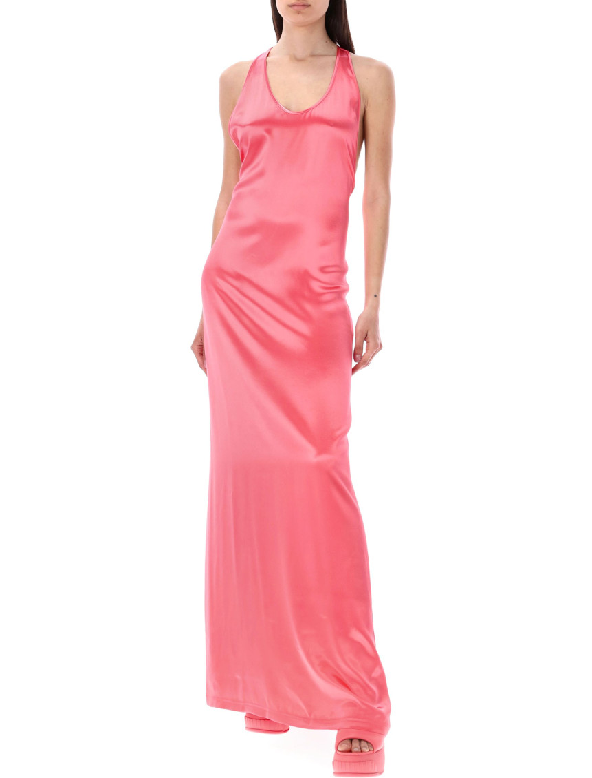 Maxi Pink Dress With Halter Neck Cut In The Back And Logo Ribbons In Viscose Satin Woman