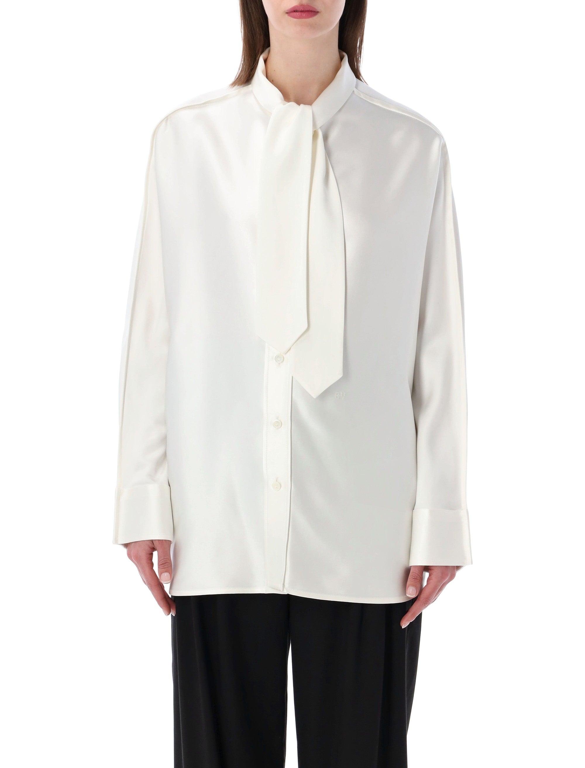 Oversized Silk Satin Shirt with Tailored Necktie and Knot Cuff Buttons - Size 40