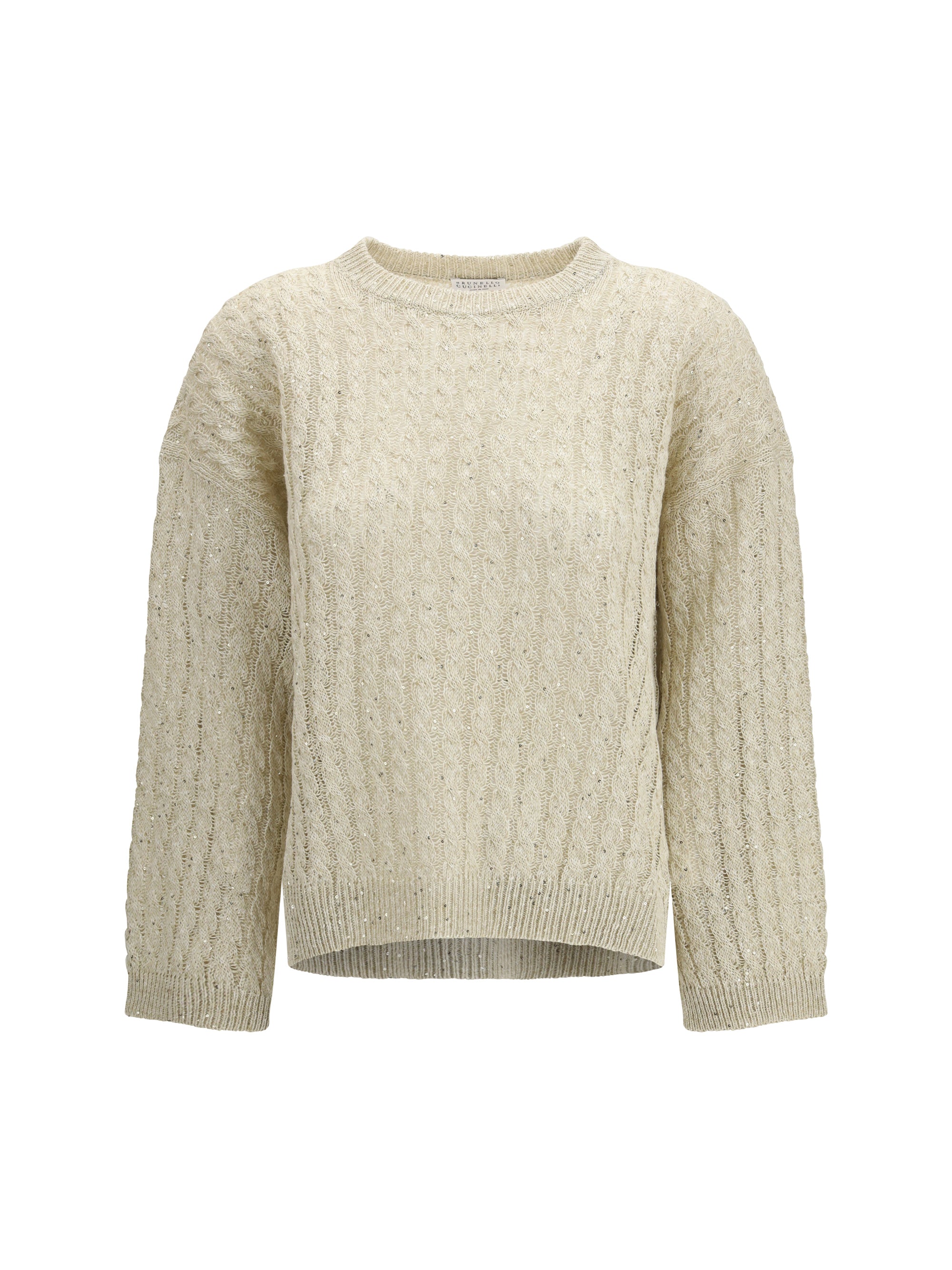 Cable Linen with Openwork Ribbing Sweater — Beige