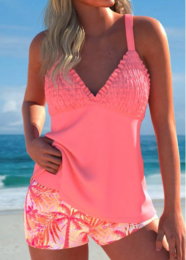 Modlily Tummy Coverage Mid Waisted Tropical Plants Print Tankini Set