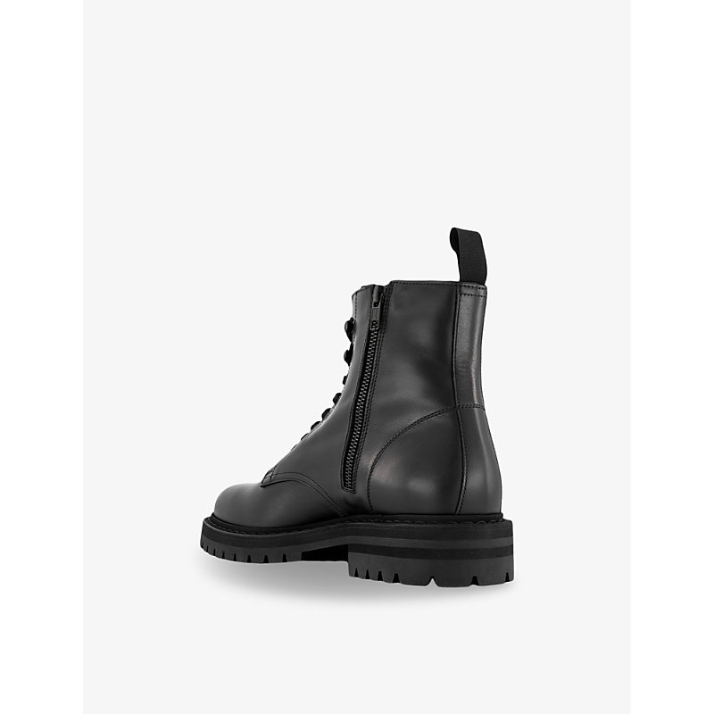 Mens Black Leather Combat Number-print Leather Ankle Boots