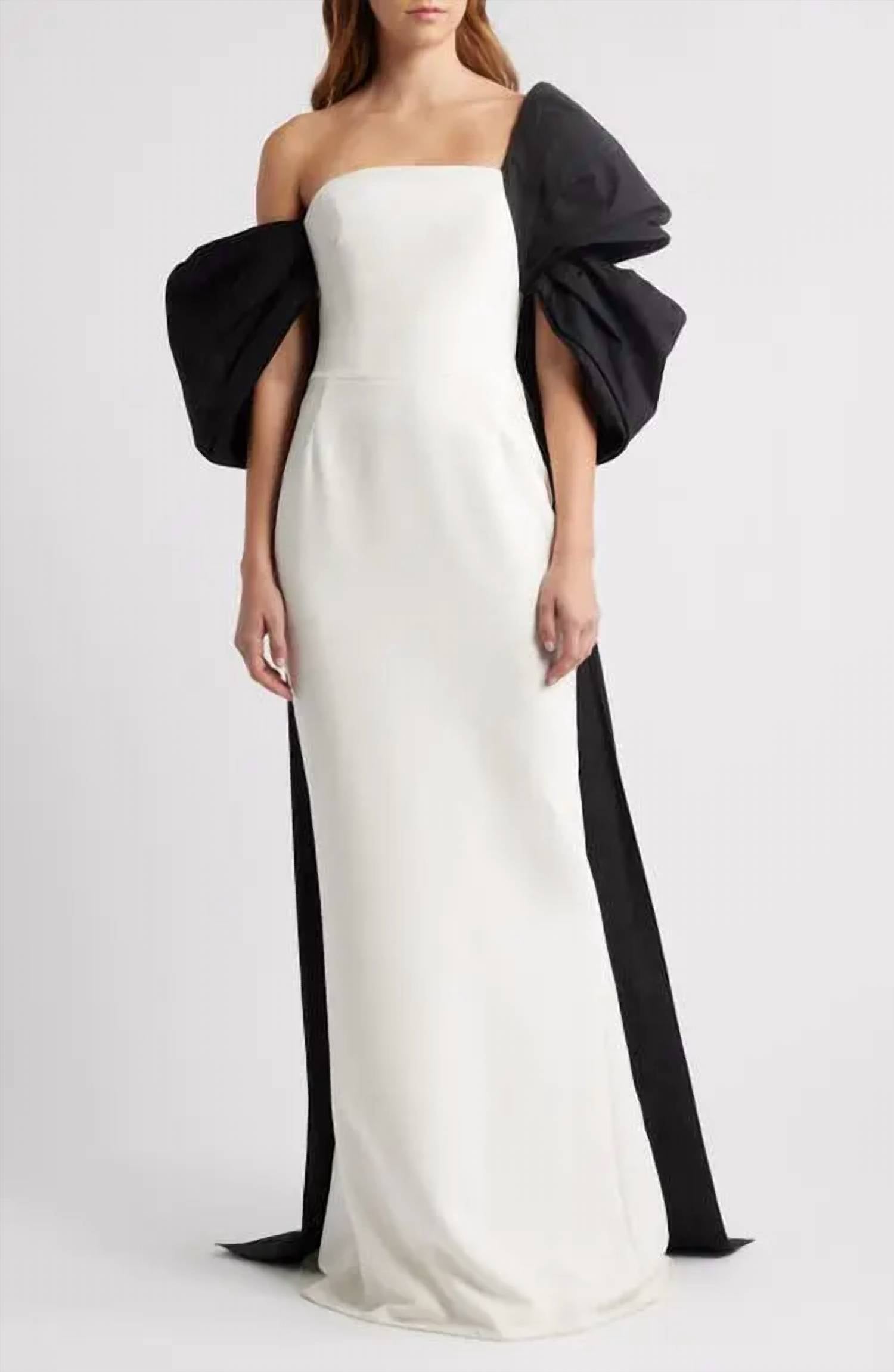 Crepe Column Draped Sleeve Gown In Ivory/black