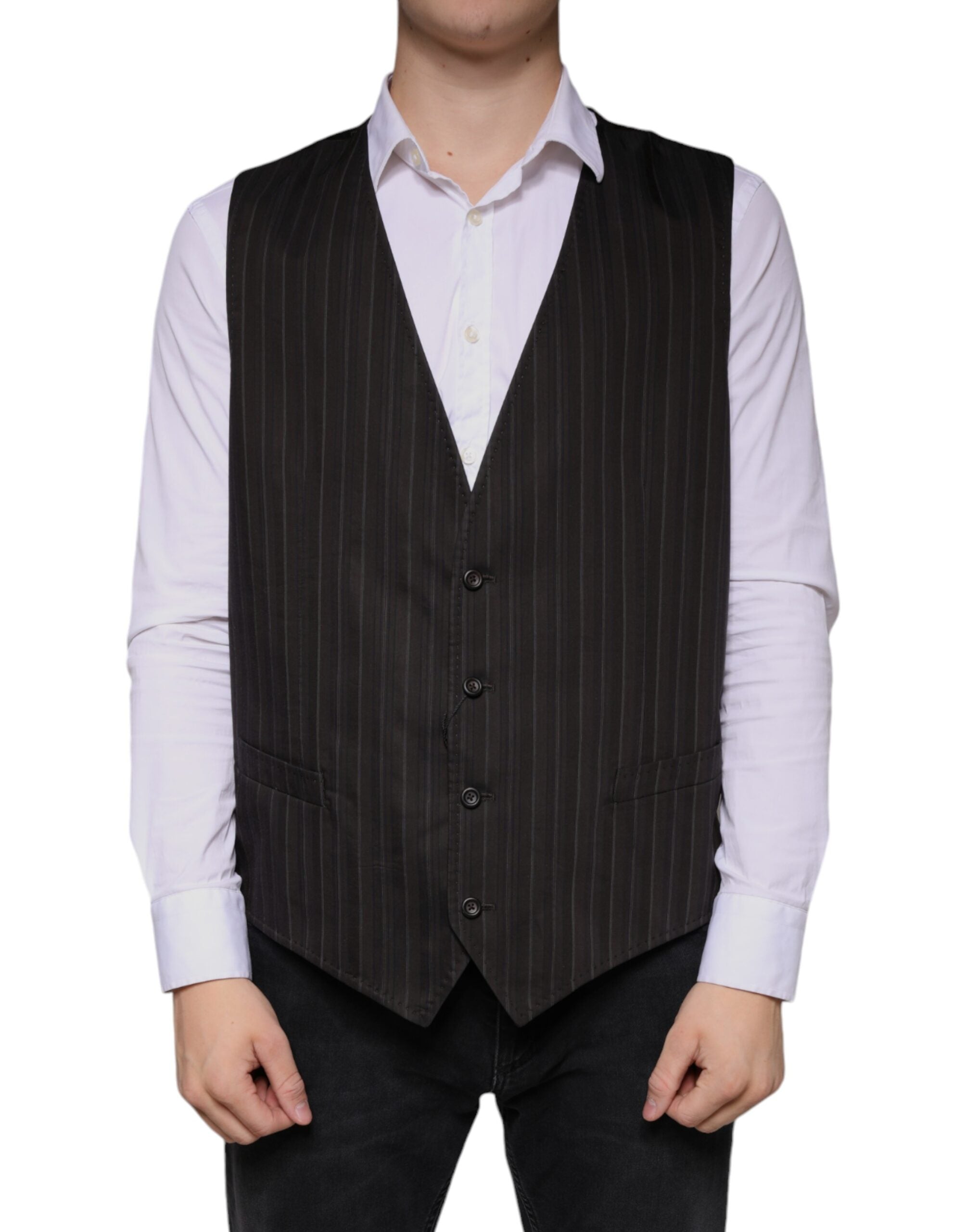 Pinstriped Cotton-Blend Formal Vest — Black