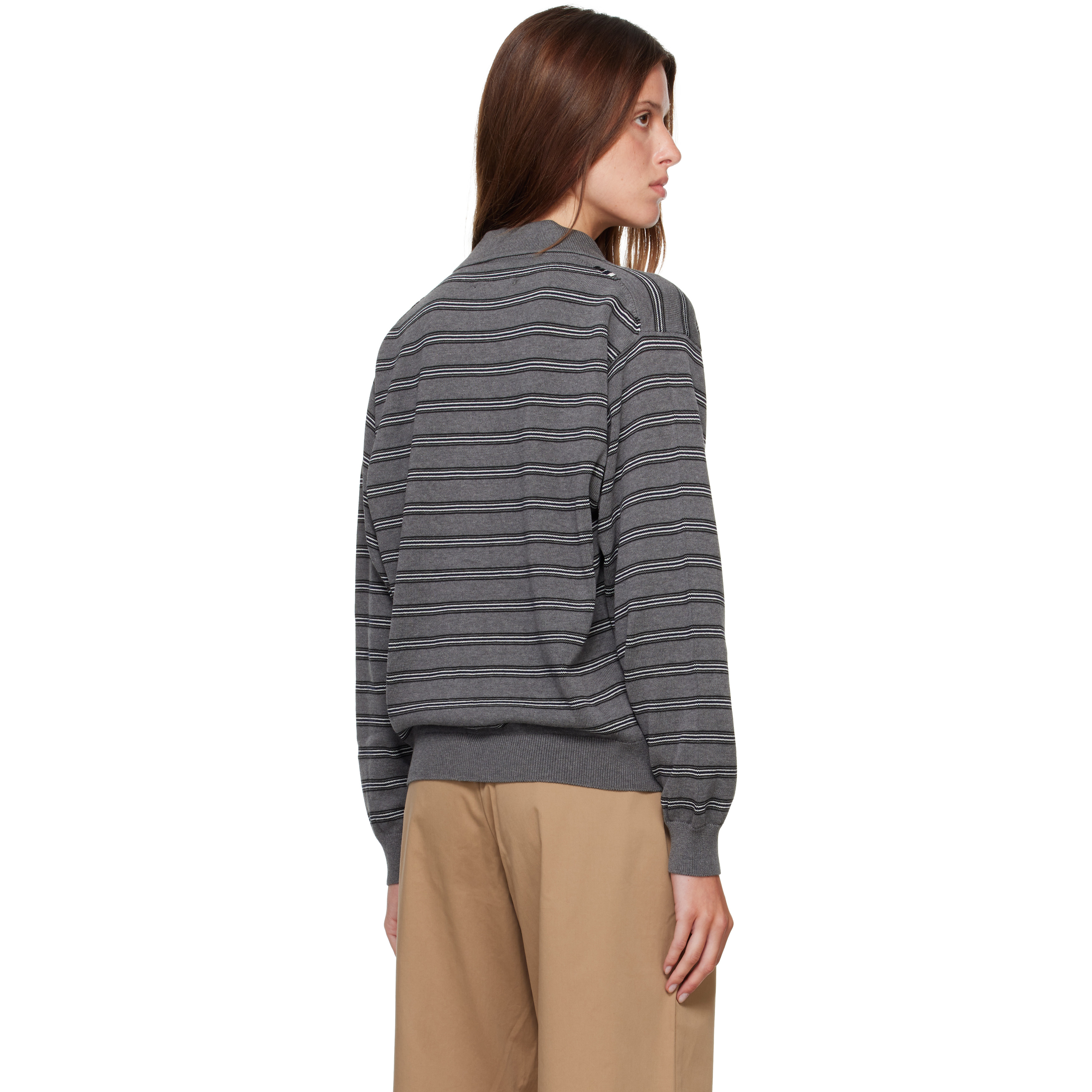 Gray Organic Cotton Striped Polo Cardigan