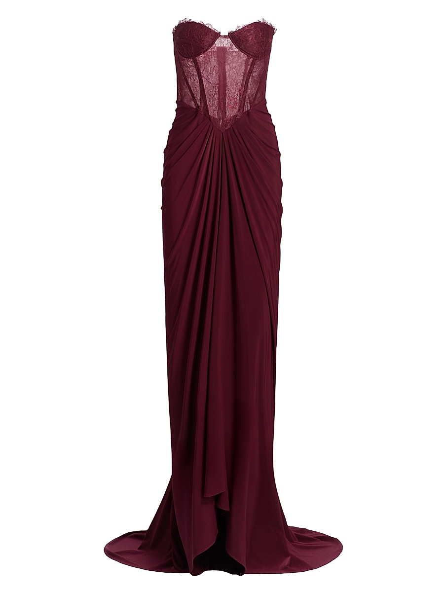 Women's Lace & Jersey Strapless Gown - Cabernet