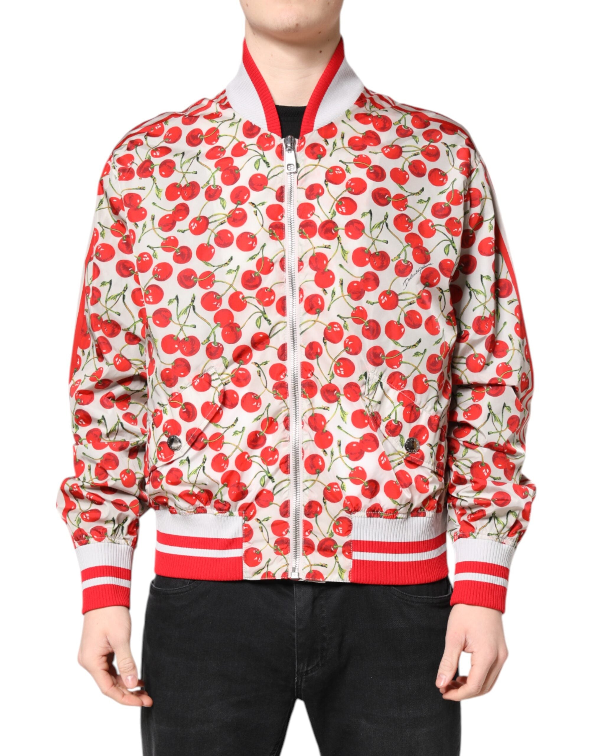 Cherry Print Bomber Jacket — White