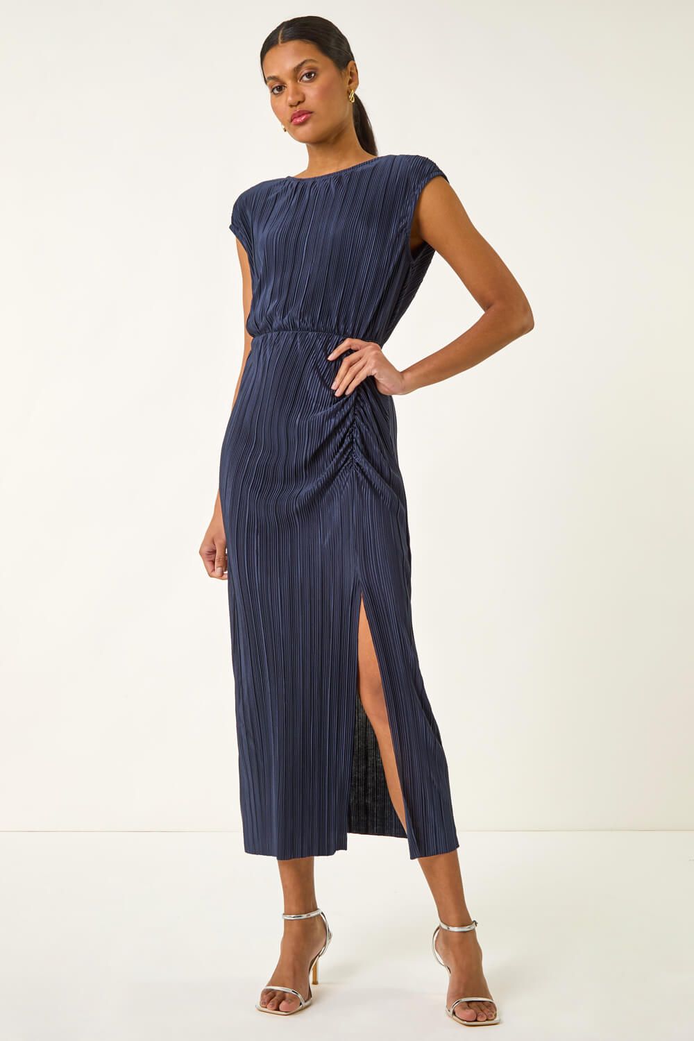 Roman Women's Plisse Cowl Back Midi Dress in Navy