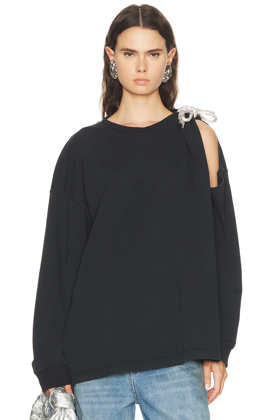 AREA Crystal Knot Long Sleeve T-Shirt in Washed Black - Black. M also in