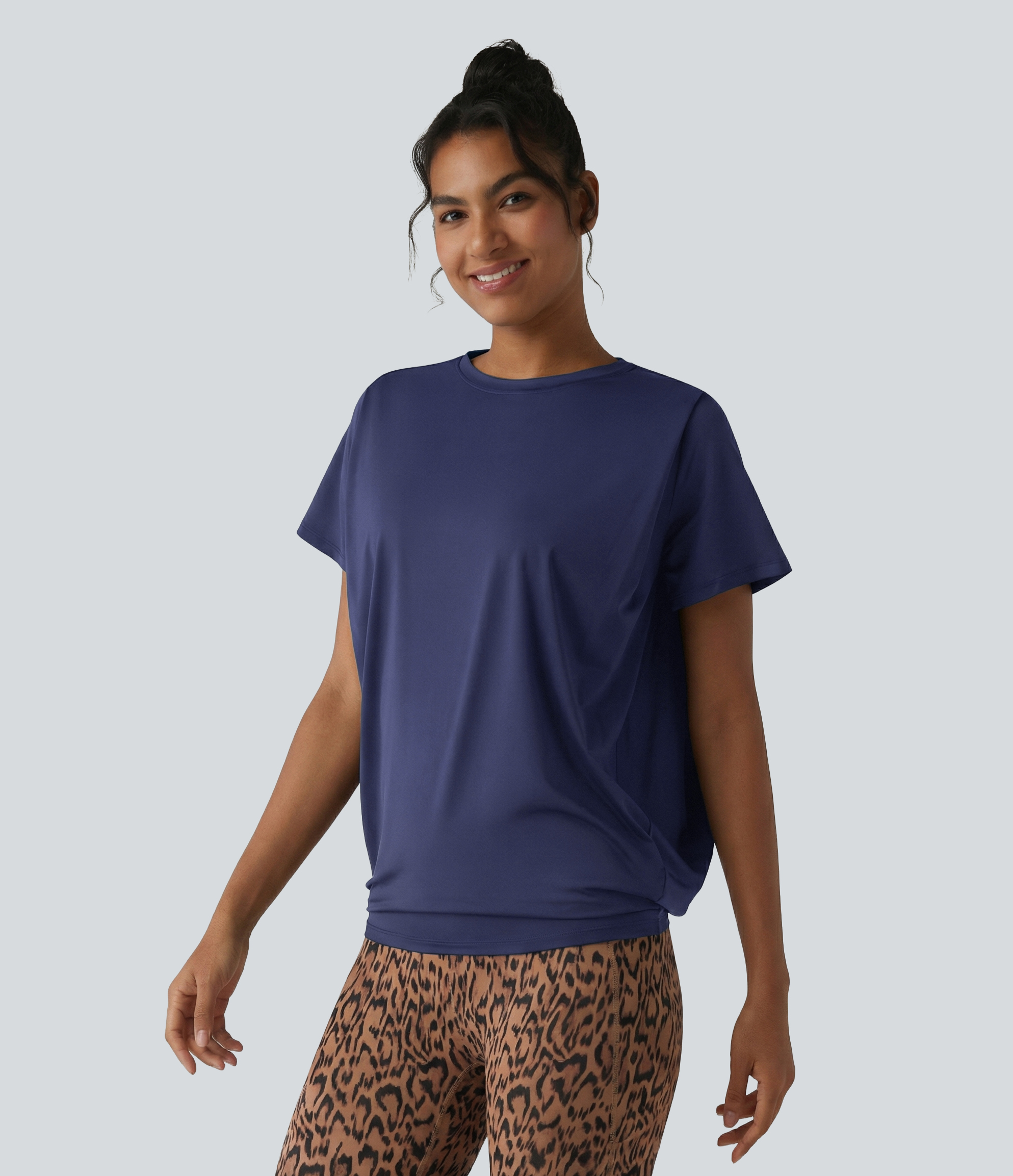 Round Neck Short Sleeve Ruched Cool Touch Yoga Sports Top-UPF50+ - Patriot Blue