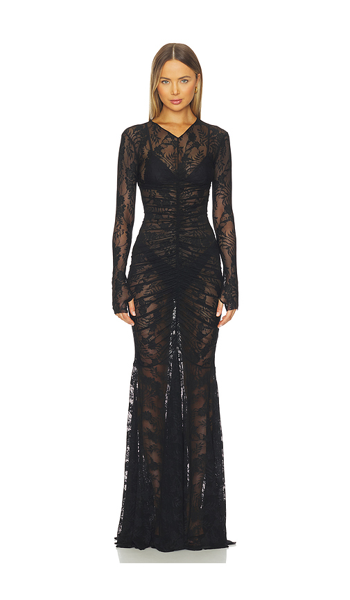 Norma Kamali Long Sleeve V Neck Shirred Front Fishtail Gown in Black - Black.  XS also in