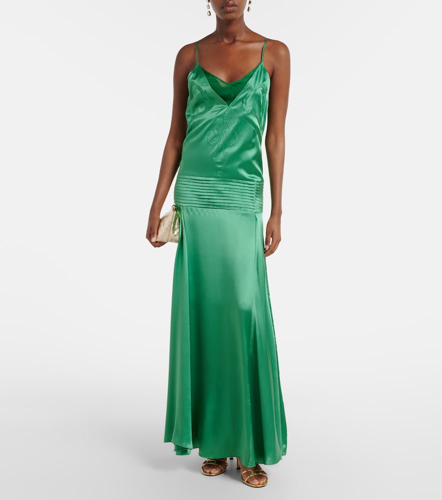 Embroidered pleated silk satin gown
