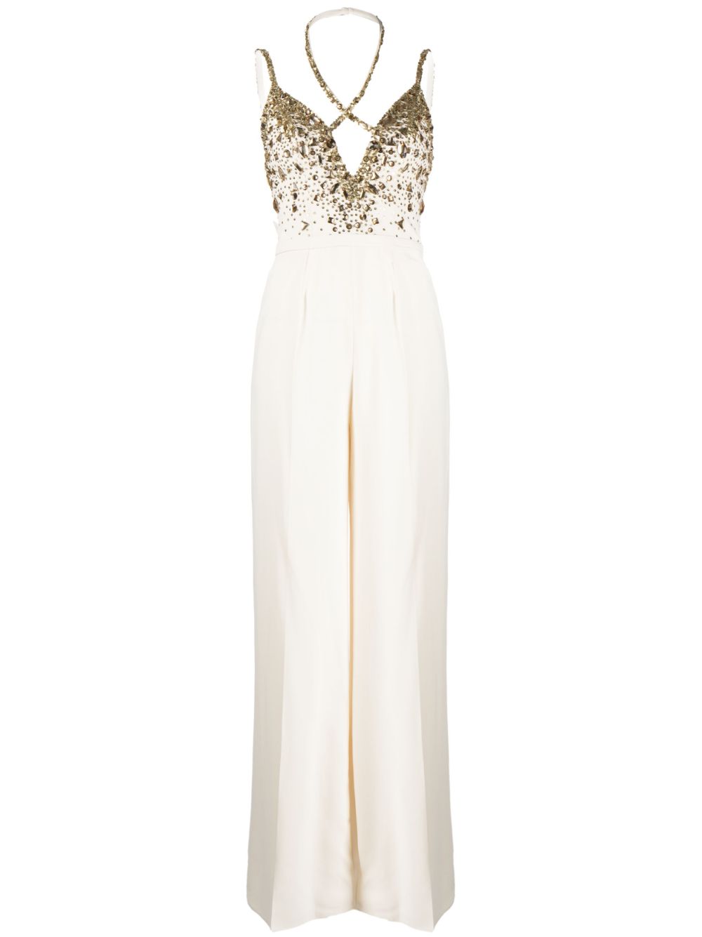 Stone-embellished flared jumpsuit - White