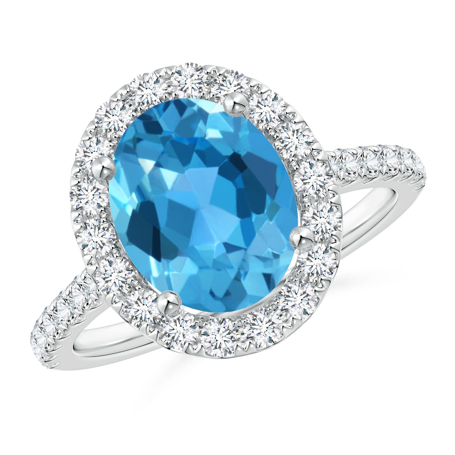 Angara 3.25 Carats Prong-Set Oval Swiss Blue Topaz Halo Ring with Diamond Accents in Platinum