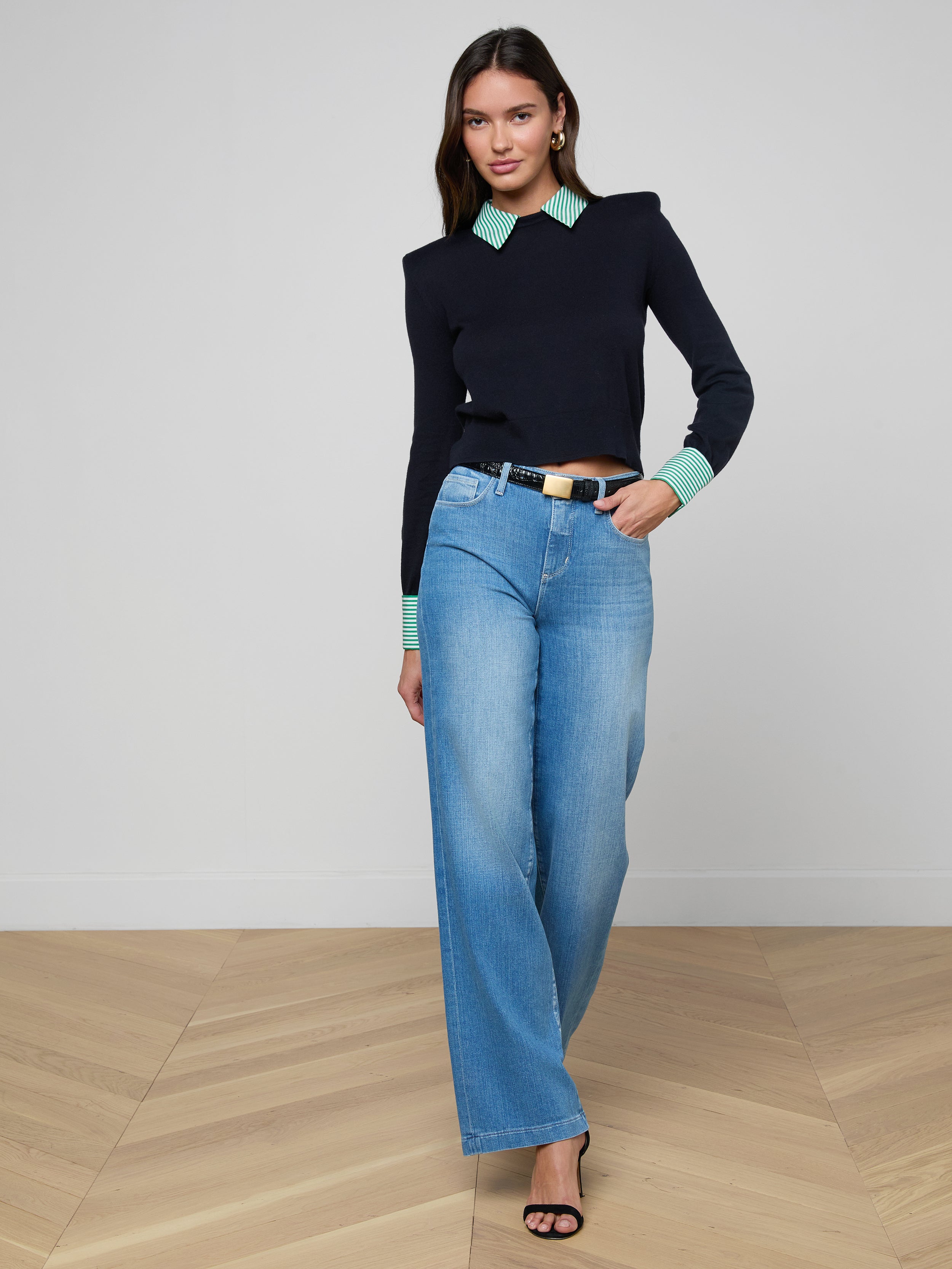 April Poplin Collar Pullover In Dark Navy/green White Stripe