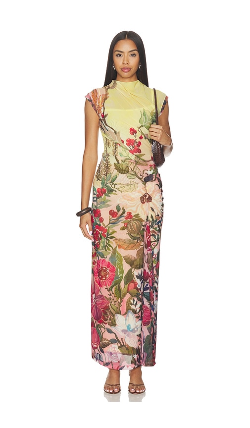 LA FUORI Botanical Symphony Printed Bodycon Dress in Multi. XS. Also in S, M