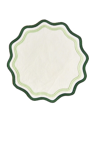 Misette Embroidered Linen Placemats Set in Colorblock Dark Green & Sage - Green. a