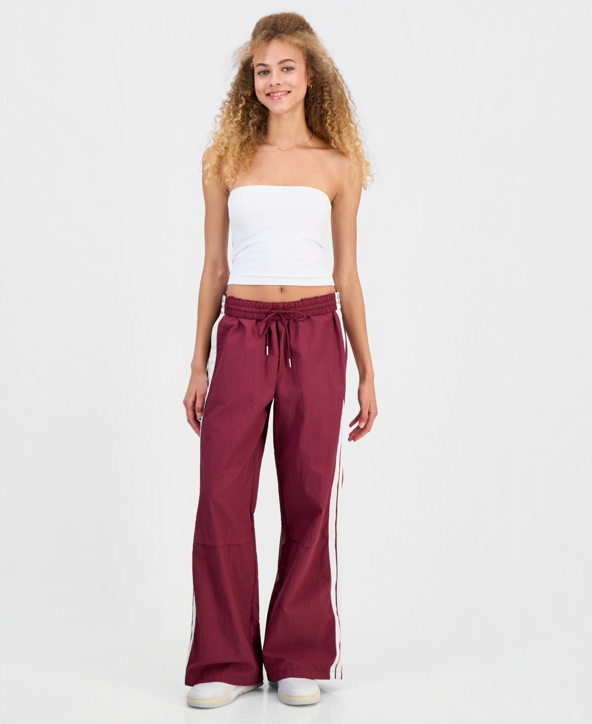 Juniors' Side Stripe Track Pants - Burgundy