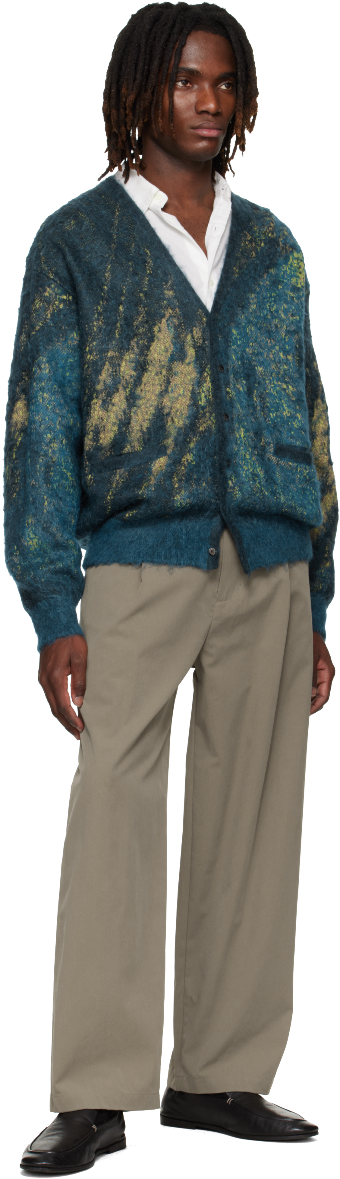 Blue & Green Abstract Jacquard Mohair Cardigan
