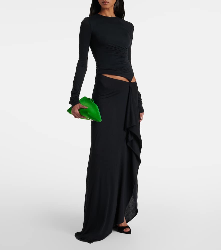 Draped cutout semi-sheer maxi dress