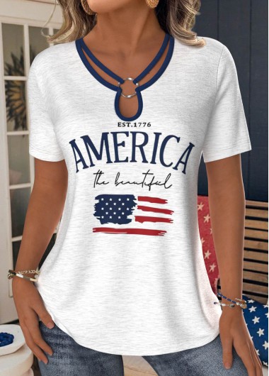 Modlily American Flag White Short Sleeve T Shirt