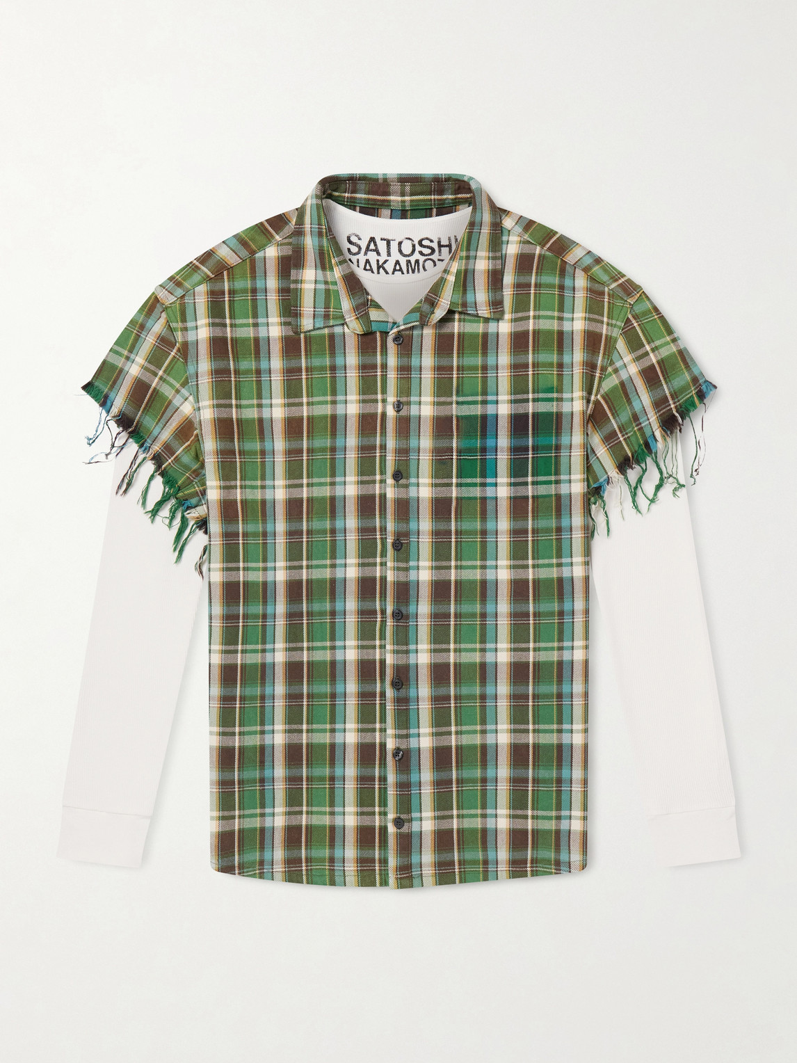 Layered Frayed Checked Cotton-Flannel and Waffle-Knit Shirt