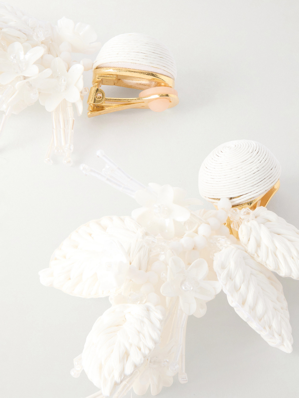 Bouquet Bead-embellished Raffia-like Clip Earrings - White