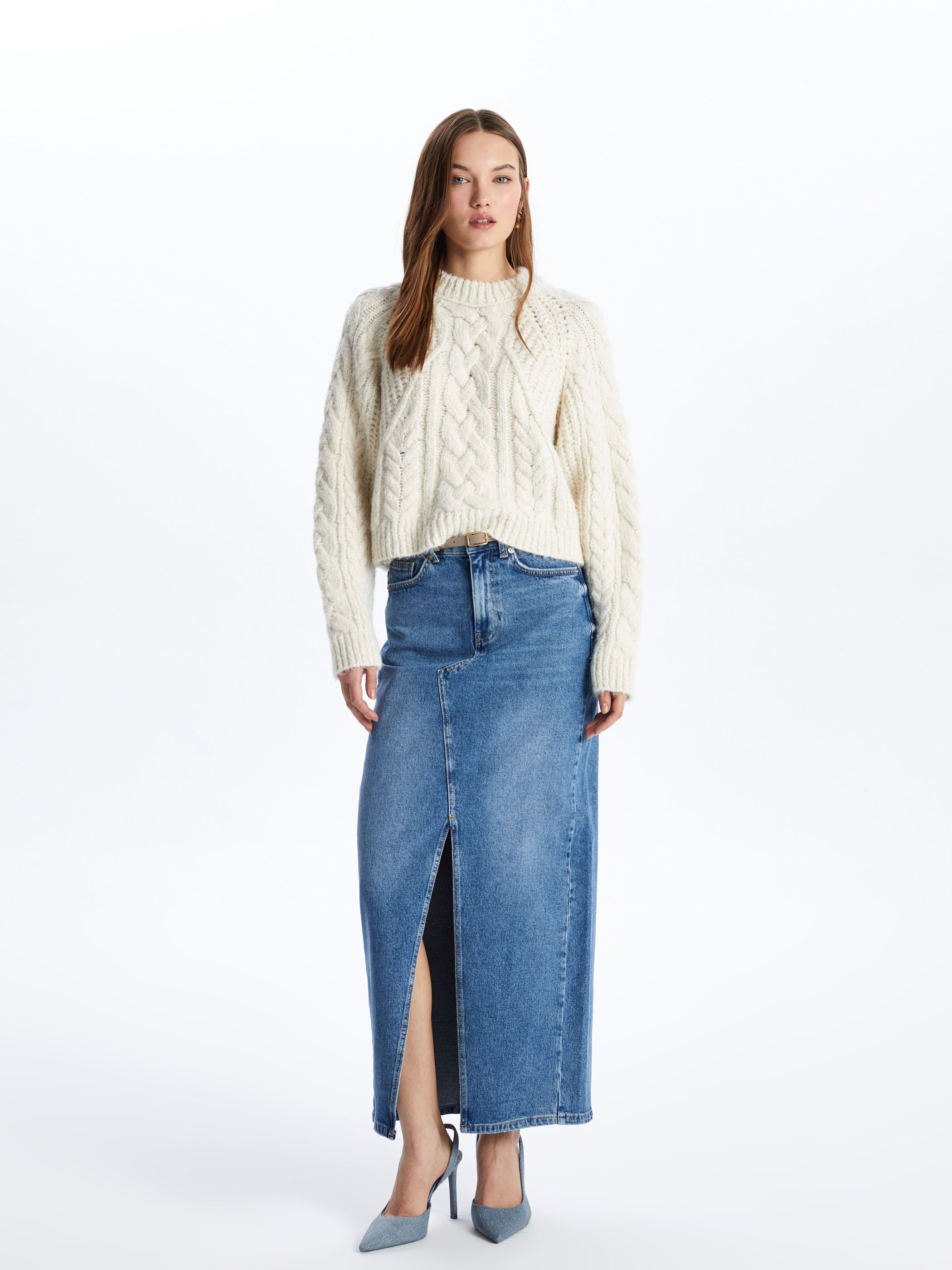 Dexia Crew Neck Cable Knit Soft Textured Ecru Sweater