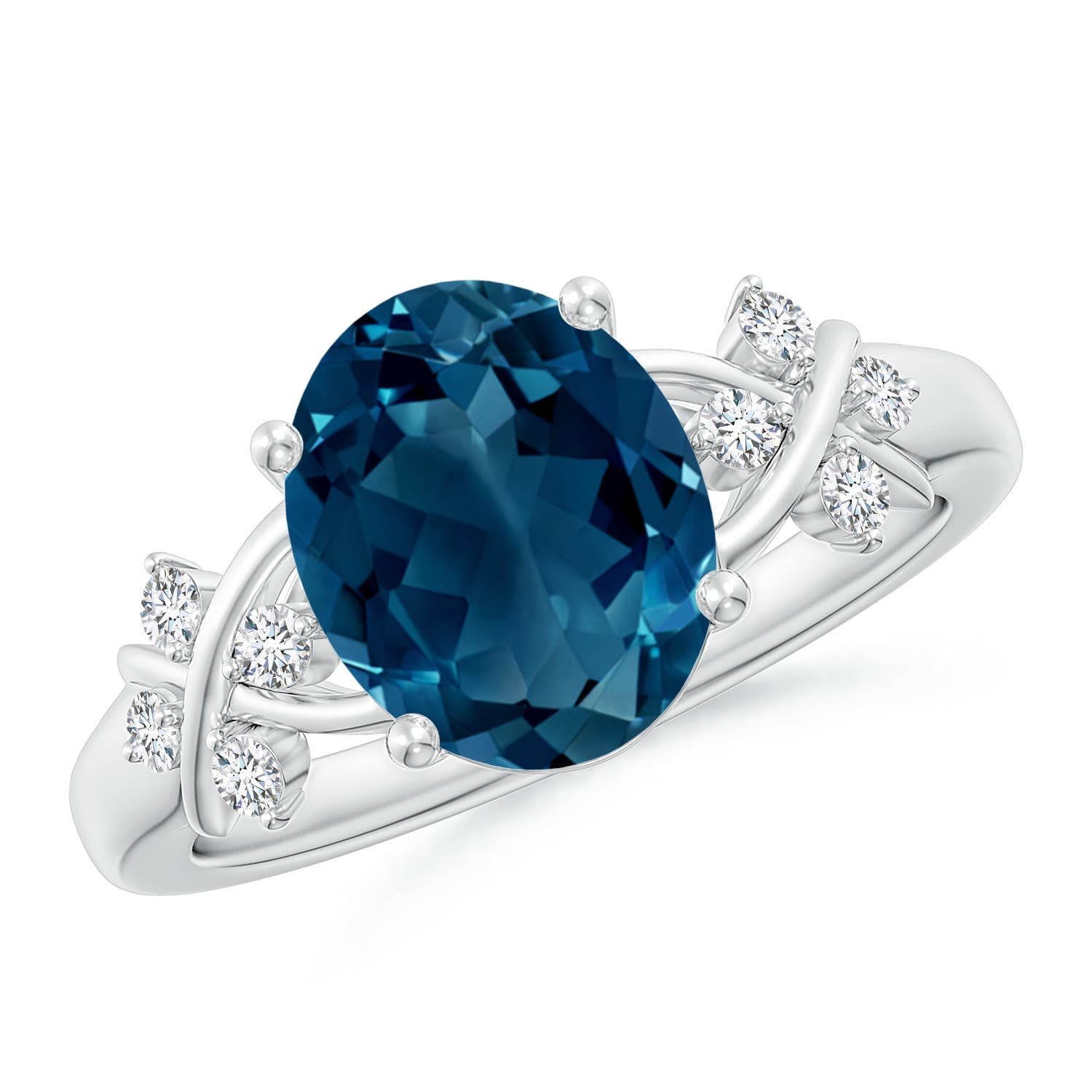 Angara 3.25 Carats Oval London Blue Topaz Criss Cross Ring with Diamonds in Platinum