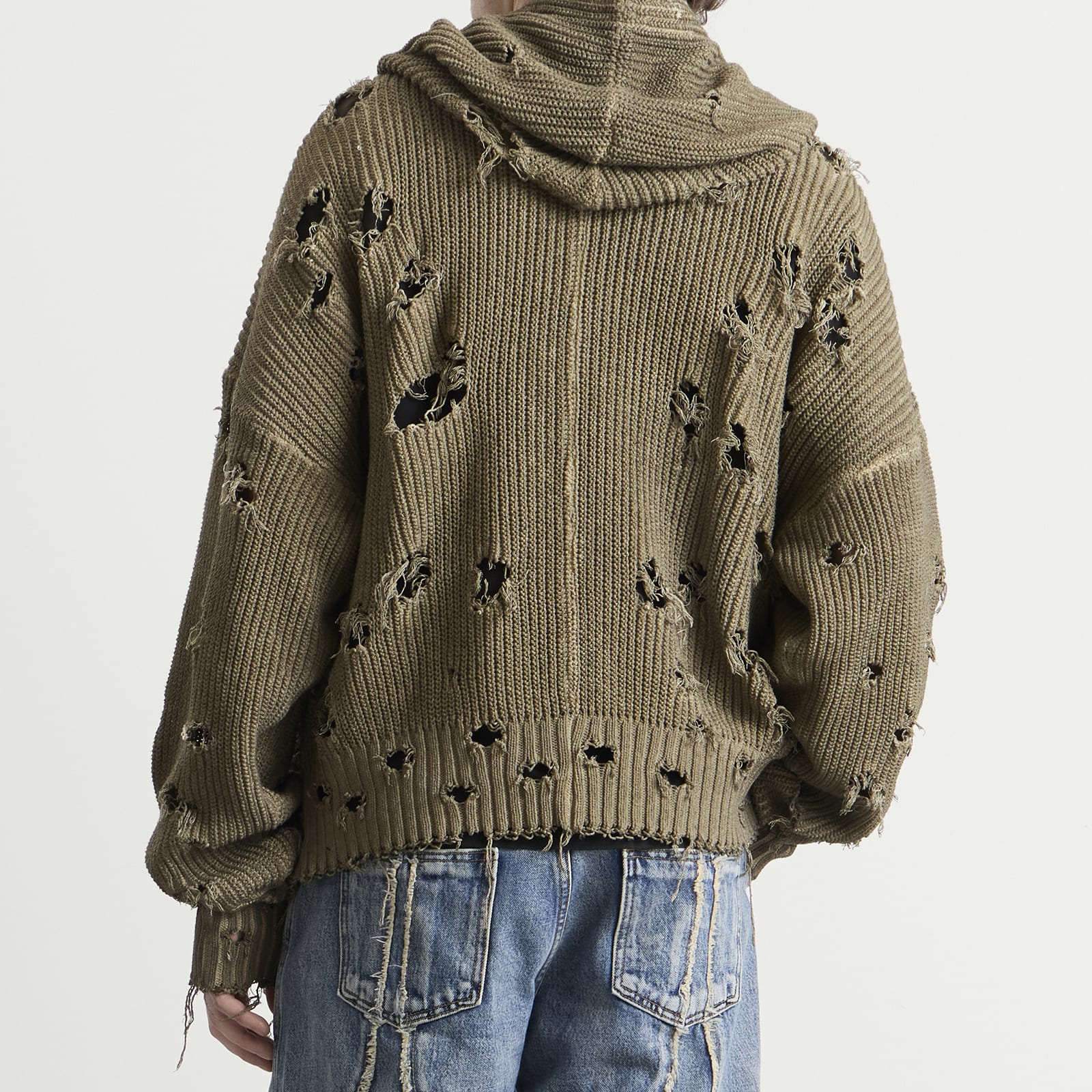 Men's Distressed Knitted Hoodie Beige